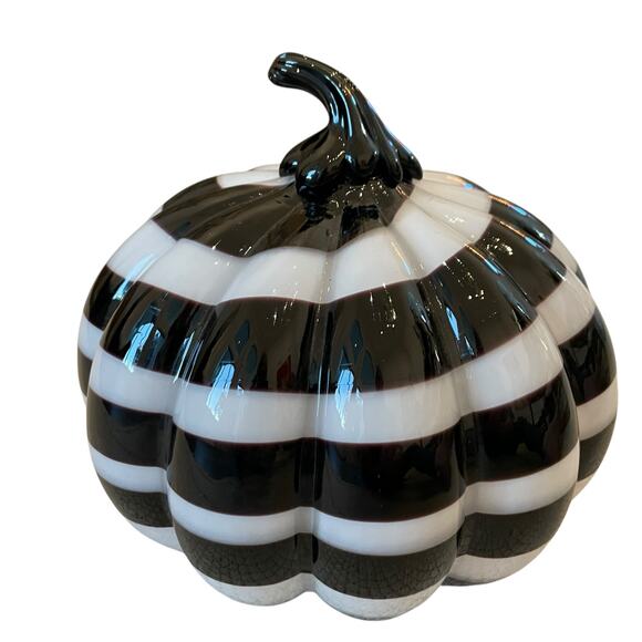 Christian Siriano Hand Blown Art Glass Pumpkin White Black Stripe Swirl 9x8 NEW - Picture 12 of 15